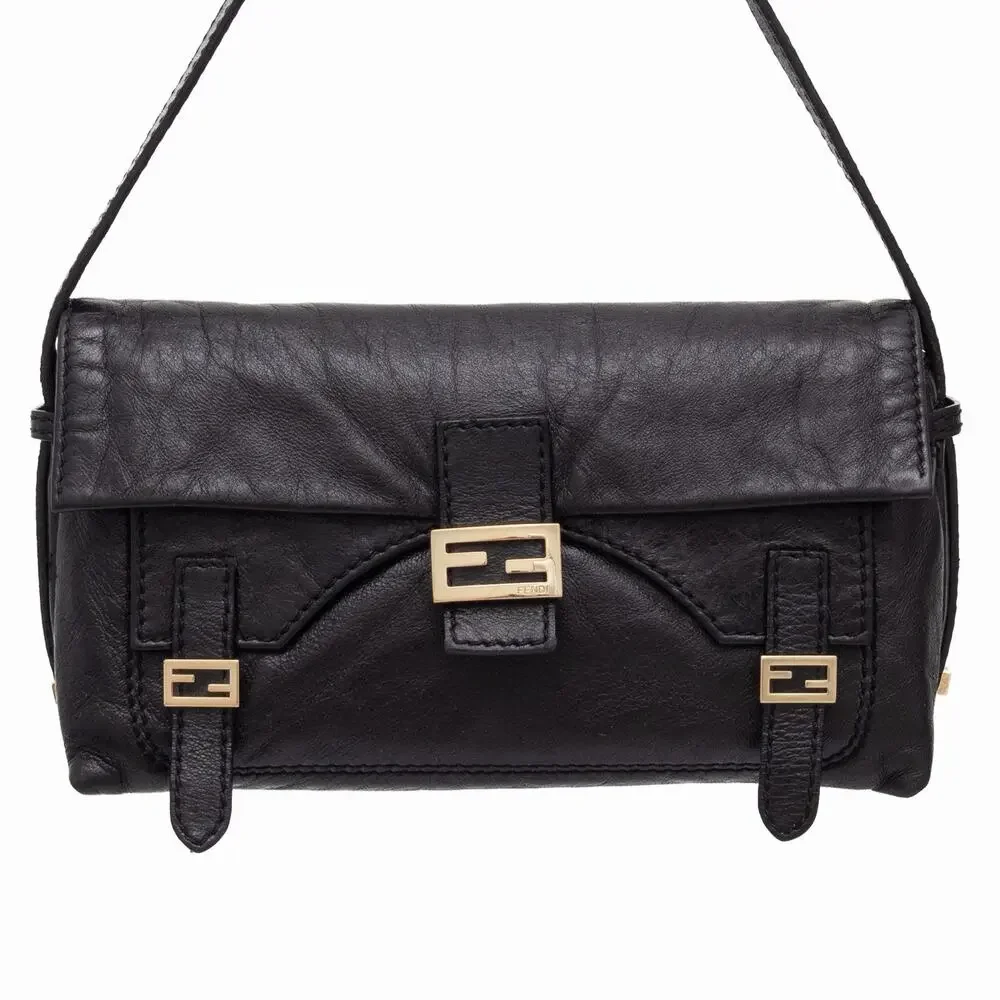 FENDI Sweety Sweet FF Baguette Black Napa Leather Shoulder Flap Bag VTG Y2K